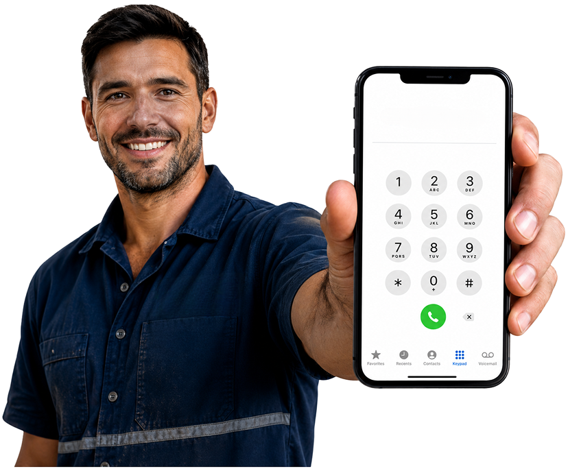 Acacia Gardens Blocked Drains plumber holding a phone — call 1300 261 965