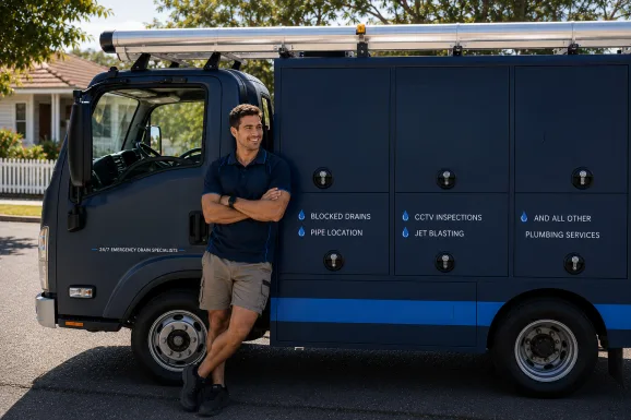 Plumber standing beside a service van in Acacia Gardens