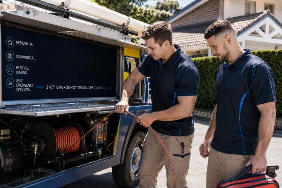 Two plumbers working on a blocked drain in Acacia Gardens