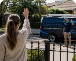 Customer waving goodbye to a Acacia Gardens Blocked Drains plumber